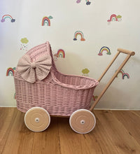 Load image into Gallery viewer, LUXURY wicker pram with bow and bedding included, doll pram, wicker pram, baby doll pram, pram toy, wooden pram, wicker dolls pram, PINK