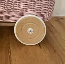 Load image into Gallery viewer, LUXURY wicker pram with white bow and bedding included, doll pram, wicker pram, baby doll pram, wooden pram, PALE Pink