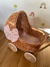 Load image into Gallery viewer, LUXURY wicker pram with bow and bedding included, doll pram, wicker doll pram UK, baby doll pram, pram toy, wooden pram, wicker dolls pram