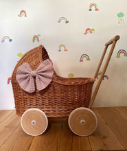 Load image into Gallery viewer, LUXURY wicker pram with bow and bedding included, doll pram, wicker doll pram UK, baby doll pram, pram toy, wooden pram, wicker dolls pram
