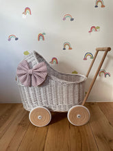 Load image into Gallery viewer, LUXURY wicker pram with bow and bedding included, doll pram, wicker pram, baby doll pram, pram toy, wooden pram, wicker dolls pram, WHITE