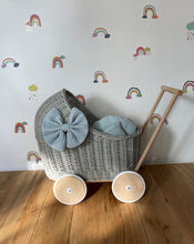 Load image into Gallery viewer, LUXURY light grey wicker pram with bow and bedding included, doll pram, wicker doll pram UK, baby doll pram, pram toy, wooden pram,