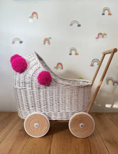 Load image into Gallery viewer, Wicker pram with pompoms & bedding included, doll pram, wicker doll pram UK, baby doll pram, pram toy, wooden pram, wicker dolls pram, WHITE