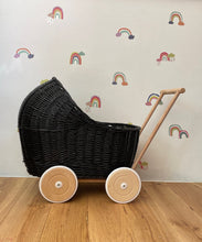 Load image into Gallery viewer, WICKER PRAM, doll pram, wicker doll pram UK, baby doll pram, pram toy, wooden pram, baby pram, wicker dolls pram, 1st bday gift, pram,black