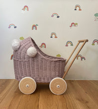 Load image into Gallery viewer, Wicker pram with pompoms & bedding included, doll pram, doll pram UK, baby doll pram, pram toy, wooden pram, wicker dolls pram, Pale pink