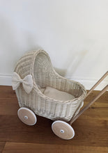 Load image into Gallery viewer, LUXURY wicker pram with bow and bedding included, doll pram, wicker pram, baby doll pram, pram toy, wooden pram, wicker dolls pram, CREAM