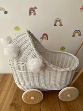 Load image into Gallery viewer, Wicker pram with white pompoms, nametag & bedding included, doll pram, baby doll pram, pram toy, wooden pram, wicker dolls pram, WHITE