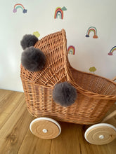 Load image into Gallery viewer, Wicker pram with grey pompoms, nametag & bedding included, doll pram, baby doll pram, pram toy, wooden pram, wicker dolls pram, NATURAL