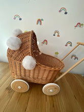 Load image into Gallery viewer, Wicker pram with white pompoms, nametag & bedding included, doll pram, baby doll pram, pram toy, wooden pram, wicker dolls pram, NATURAL