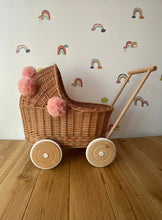 Load image into Gallery viewer, Wicker pram with light pink pompoms, nametag & bedding included, doll pram, baby doll pram, pram toy, wooden pram, wicker dolls pram,NATURAL