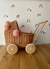 Load image into Gallery viewer, Wicker pram with light pink pompoms, nametag & bedding included, doll pram, baby doll pram, pram toy, wooden pram, wicker dolls pram,NATURAL