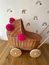 Load image into Gallery viewer, Wicker pram with dark pink pom-poms, nametag & bedding included, doll pram, baby doll pram, pram toy, wooden pram, wicker dolls pram,NATURAL