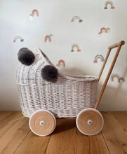 Load image into Gallery viewer, Wicker pram with grey pompoms, nametag & bedding included, doll pram, baby doll pram, pram toy, wooden pram, wicker dolls pram, WHITE