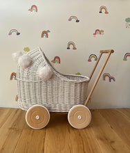 Load image into Gallery viewer, Wicker pram with white pompoms, nametag & bedding included, doll pram, baby doll pram, pram toy, wooden pram, wicker dolls pram, WHITE
