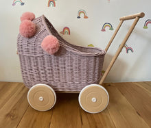 Load image into Gallery viewer, Wicker pram with light pink pompoms, nametag & bedding included, doll pram, baby doll pram, pram toy, wicker dolls pram, PALE PINK