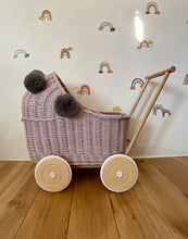 Load image into Gallery viewer, Wicker pram with light pink pompoms, nametag & bedding included, doll pram, baby doll pram, pram toy, wicker dolls pram, PALE PINK