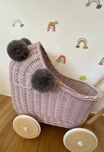 Load image into Gallery viewer, Wicker pram with light pink pompoms, nametag & bedding included, doll pram, baby doll pram, pram toy, wicker dolls pram, PALE PINK