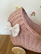 Load image into Gallery viewer, LUXURY wicker pram with white bow and bedding included, doll pram, wicker pram, baby doll pram, wooden pram, LIGHT PINK