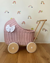 Load image into Gallery viewer, LUXURY wicker pram with white bow and bedding included, doll pram, wicker pram, baby doll pram, wooden pram, LIGHT PINK