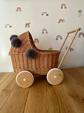 Load image into Gallery viewer, Wicker pram with grey pompoms, nametag & bedding included, doll pram, baby doll pram, pram toy, wooden pram, wicker dolls pram, NATURAL