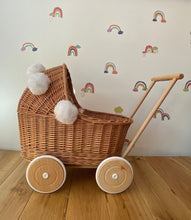 Load image into Gallery viewer, Wicker pram with white pompoms, nametag & bedding included, doll pram, baby doll pram, pram toy, wooden pram, wicker dolls pram, NATURAL
