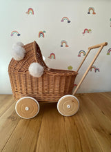 Load image into Gallery viewer, Wicker pram with white pompoms, nametag & bedding included, doll pram, baby doll pram, pram toy, wooden pram, wicker dolls pram, NATURAL