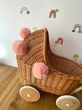 Load image into Gallery viewer, Wicker pram with light pink pompoms, nametag & bedding included, doll pram, baby doll pram, pram toy, wooden pram, wicker dolls pram,NATURAL