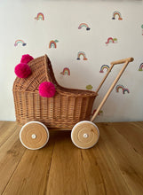 Load image into Gallery viewer, Wicker pram with dark pink pom-poms, nametag & bedding included, doll pram, baby doll pram, pram toy, wooden pram, wicker dolls pram,NATURAL