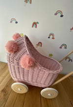 Load image into Gallery viewer, Wicker pram with light pink pompoms, nametag & bedding included, doll pram, baby doll pram, pram toy, wicker dolls pram, LIGHT PINK