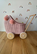 Load image into Gallery viewer, Wicker pram with light pink pompoms, nametag & bedding included, doll pram, baby doll pram, pram toy, wicker dolls pram, LIGHT PINK