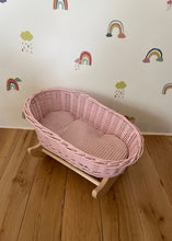 Load image into Gallery viewer, Luxury light pink doll’s cradle, wicker crib with bedding included, dolls wicker rocker, dolls cradle, doll mosses basket,Light pink bedding