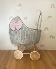 Load image into Gallery viewer, LUXURY wicker pram with bow and bedding included, wicker pram, dolls pram, pram toy, wooden pram, wicker dolls pram, Tall, light grey