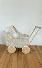 Load image into Gallery viewer, Wicker pram with white pompoms, nametag & bedding included, doll pram, baby doll pram, pram toy, wooden pram, wicker dolls pram, CREAM