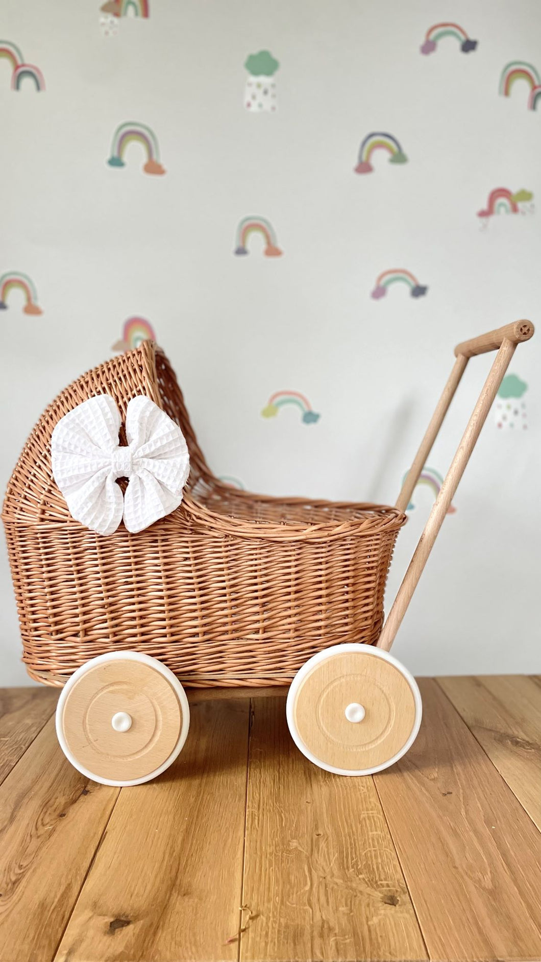 LUXURY wicker pram with cream bow and bedding included, doll pram, wicker pram, baby doll pram, wooden pram, wicker dolls pram, NATURAL