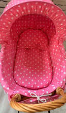 Load image into Gallery viewer, Wicker Dolls Pram, Pink Polka Dots, Wicker Stroller, Pushchair, 1st Birthday Present.
