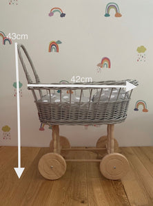 Light Grey Simple Wicker Pram, Dolls Pram, Wicker doll pram UK, Baby Doll Pram, Pram Toy, Wooden Pram, Baby Pram,Wicker Dolls Pram