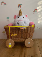Load image into Gallery viewer, BLUE wicker pull-along wagon toy, trolley on wheels, wagon on wheels, wicker cart
