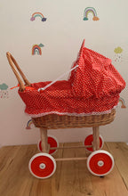 Load image into Gallery viewer, Dolls pram with folding hood, doll pram, wicker doll pram UK, baby doll pram, pram toy, wooden pram, baby stroller, Red

