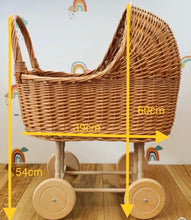 Load image into Gallery viewer, LUXURY tall wicker pram with bow and bedding included, dolls pram, baby doll pram, wooden pram, wicker dolls pram, light purple
