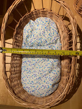 Load image into Gallery viewer, Luxury light pink doll’s cradle, wicker crib with bedding included, dolls wicker rocker, dolls cradle, doll mosses basket, bedding included

