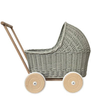 Load image into Gallery viewer, Wicker Pram, Dolls Pram, Dolls Stroller, Wooden Toy, Baby Pram, Wicker Dolls Pram, 1st Birthday Gift, Light Grey
