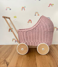 Load image into Gallery viewer, WICKER PRAM doll pram, pink pram, wicker doll pram, baby doll pram, pram toy, wooden pram, wicker dolls pram, 1st bday gift, light pink
