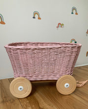 Load image into Gallery viewer, LIGHT PINK wicker pull-along wagon toy, trolley on wheels, wagon on wheels, wicker cart
