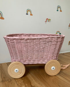 LIGHT PINK wicker pull-along wagon toy, trolley on wheels, wagon on wheels, wicker cart