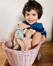 Load image into Gallery viewer, LIGHT PINK wicker pull-along wagon toy, trolley on wheels, wagon on wheels, wicker cart
