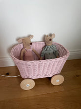 Load image into Gallery viewer, LIGHT PINK wicker pull-along wagon toy, trolley on wheels, wagon on wheels, wicker cart
