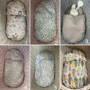 Set of wicker doll stroller and wicker crib in light grey, dolls pram set, doll pram and cot, name tag and bedding included