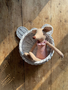 White hanging wicker basket, basket with with ears, teddy hanging basket, wall basket, kids room basket, wicker basket, teddy basket