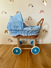 Load image into Gallery viewer, WICKER PRAM, doll&#39;s pram, wicker doll&#39;s pram UK, baby doll&#39;s pram, pram toy, wooden pram, baby pram, Light blue
