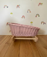 Load image into Gallery viewer, Luxury light pink doll’s cradle, wicker crib with bedding included, dolls wicker rocker, dolls cradle, doll mosses basket, bedding included
